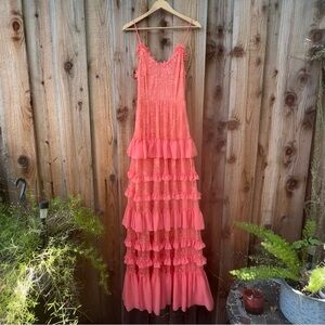 Peachy Coral Lace and Ruffle Tiered Maxi Dress 🌿